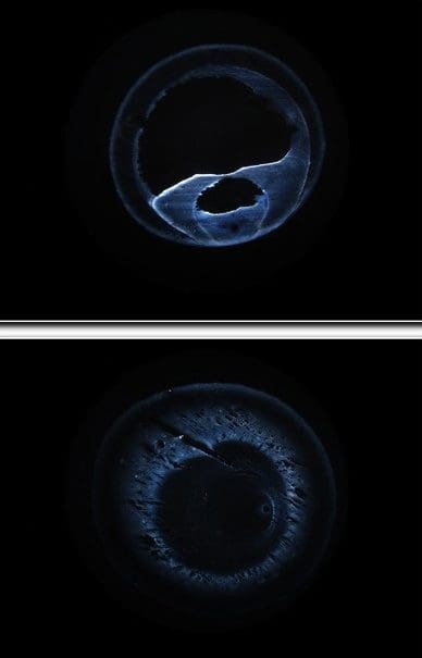 Two images of a blue eye with a black background